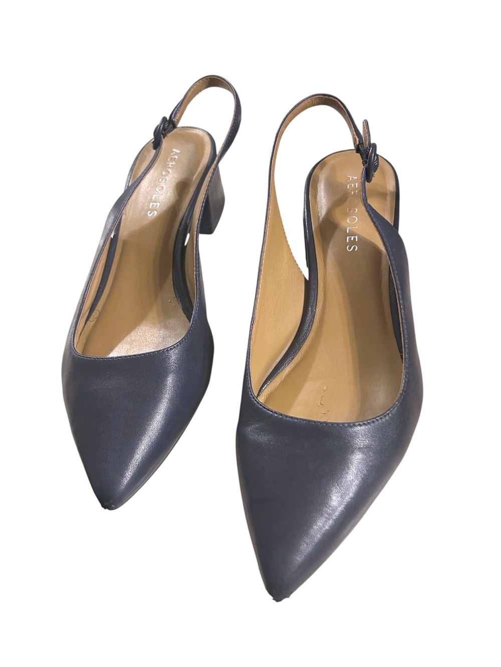 Navy Leather Pointed Toe Slingback Thick 2” Block Heels Size 11 - Picture 14 of 16